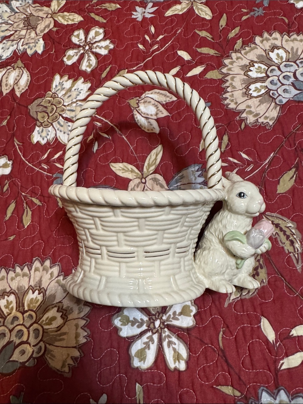 Easter Basket LENOX Bunny Rabbit & Flowers Gold Trim Details Centerpiece